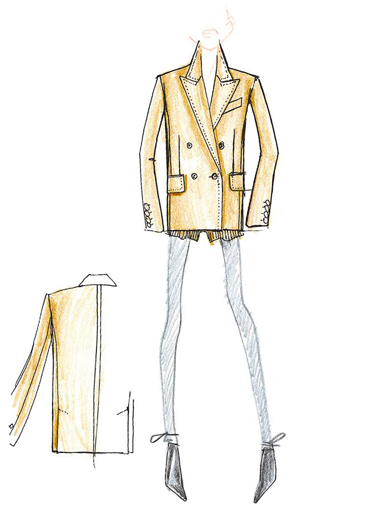 Skizze des Designs der Olimpia Jacket von Max Mara im Farbton Kamel mit ganzer Figur.